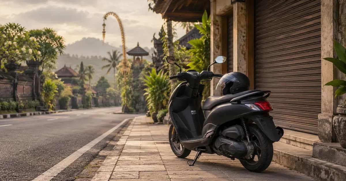 A motorbike helmet left on the seat of a scooter outside a shuttered shopfront in Bali, warm haze softening the far distance, under a soft overcast sky.