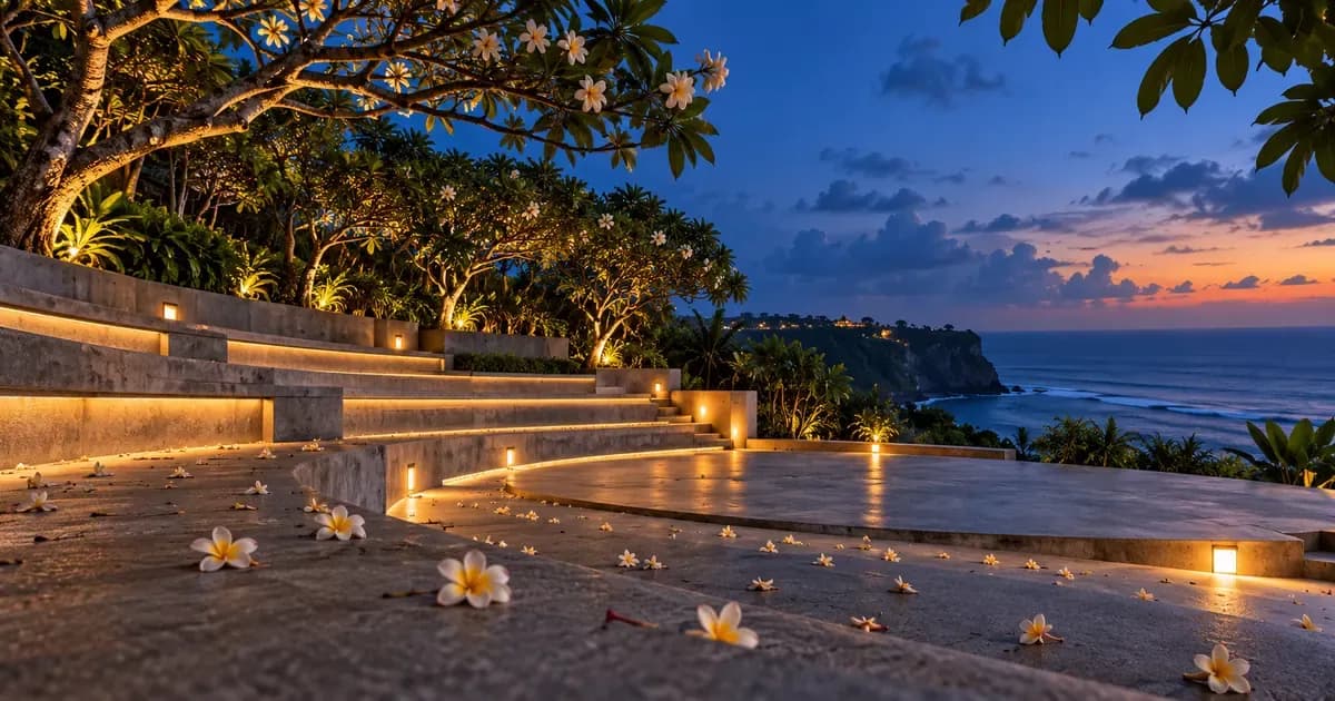 Low-angle view of an empty open-air amphitheatre of poured concrete steps among frangipani trees in Bali, fallen plumeria petals scattered across the surface, at blue hour after sunset.