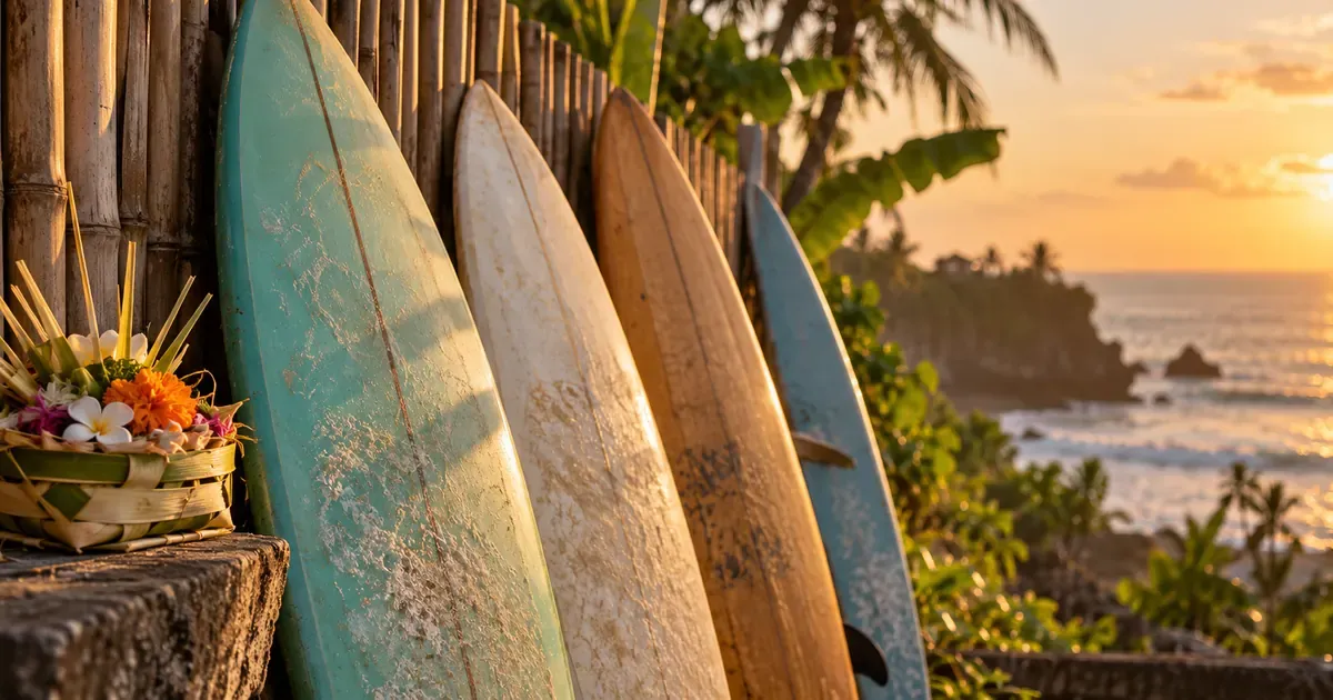 Close detail of a row of surfboards leaning together against a bamboo fence in Bali, a woven palm-leaf offering resting nearby, in warm golden-hour light.