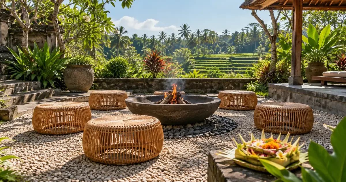 Wide view of a circle of low rattan stools around a fire pit in a garden courtyard in Bali, a woven palm-leaf offering resting nearby, in bright midday light.