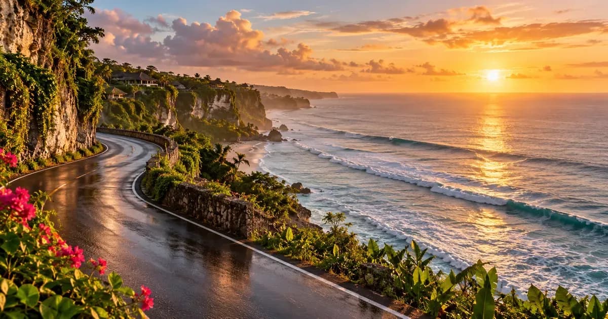 Wide view of a coastal road curving along a cliff above a long reef break in Bali, surfaces still wet from a brief tropical rain shower, in warm golden-hour light.