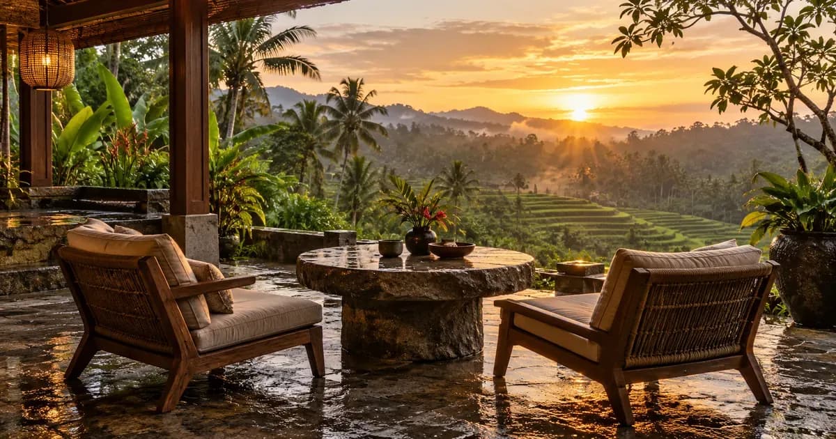 A shaded veranda with two low chairs drawn up to a stone table in Bali, surfaces still wet from a brief tropical rain shower, in warm golden-hour light.