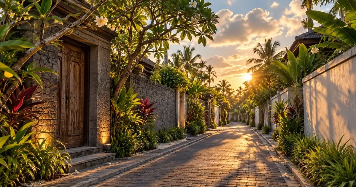 Close detail of a Seminyak side lane of walled compounds under an arch of trees in Bali, scattered cumulus cloud overhead, in warm golden-hour light.
