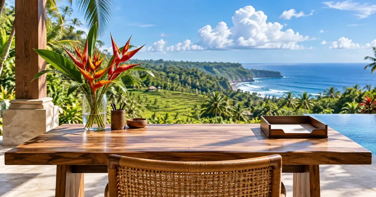 Wide view of a tidy desk with an empty document tray beside a vase of heliconia in Bali, scattered cumulus cloud overhead, in bright midday light.