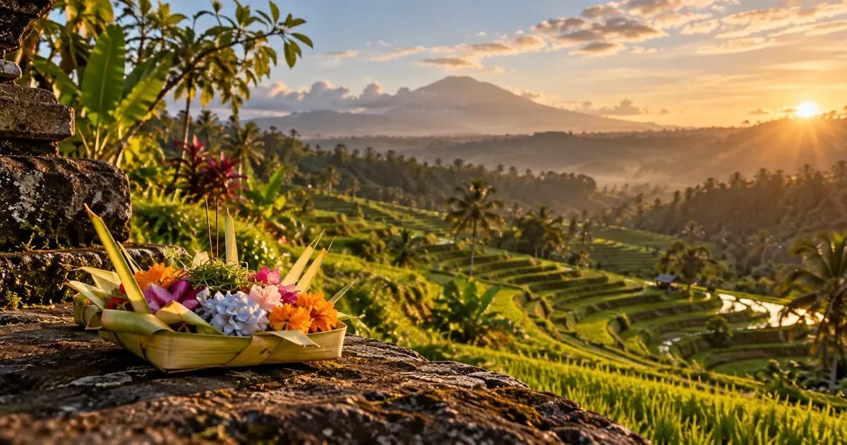 Low-angle view of a rice terrace stepping down a green valley in Bali, a woven palm-leaf offering resting nearby, in low late-afternoon sun.