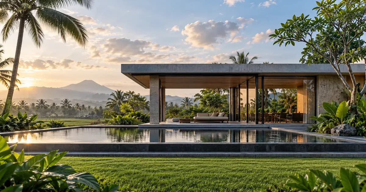 Low-angle view of a minimal concrete and glass pavilion set in a lawn of tropical planting in Bali, scattered cumulus cloud overhead, in soft first light after dawn.