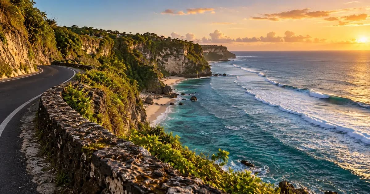 A coastal road curving along a cliff above a long reef break in Bali, weathered volcanic stone and moss in the foreground, in low late-afternoon sun.