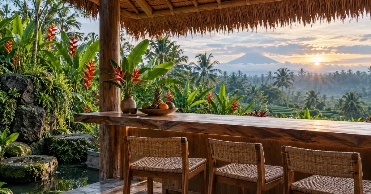 Wide view of a timber counter under a thatched roof facing a garden of heliconia in Bali, weathered volcanic stone and moss in the foreground, in soft first light after dawn.