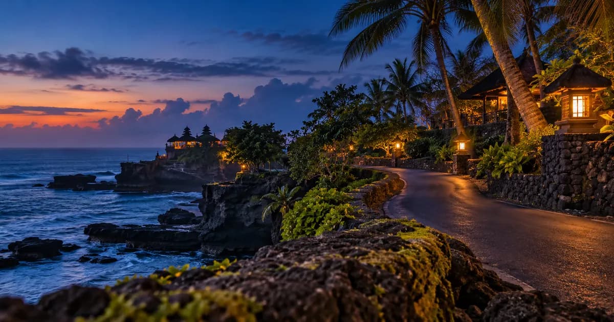 Close detail of a coastal road curving between coconut palms in Bali, weathered volcanic stone and moss in the foreground, at blue hour after sunset.