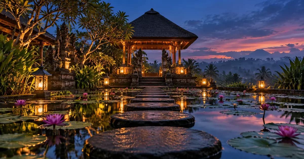 Low-angle view of an entrance path of stepping stones across a shallow lily pond in Bali, warm haze softening the far distance, at blue hour after sunset.