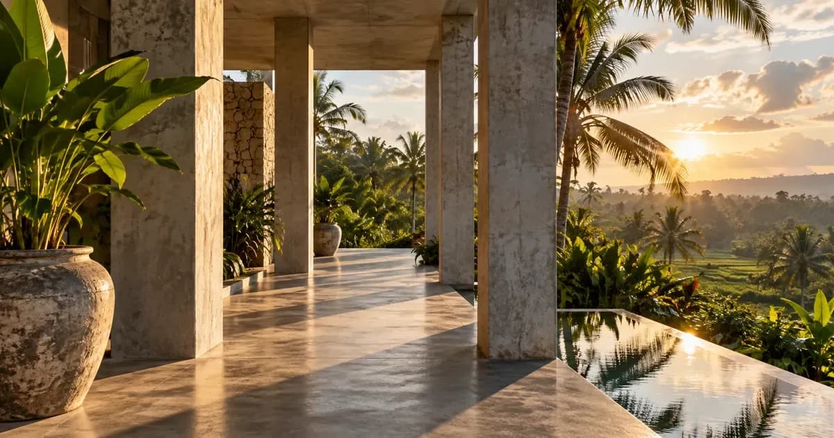 Close detail of a covered walkway of raw concrete columns opening onto palms in Bali, scattered cumulus cloud overhead, in low late-afternoon sun.