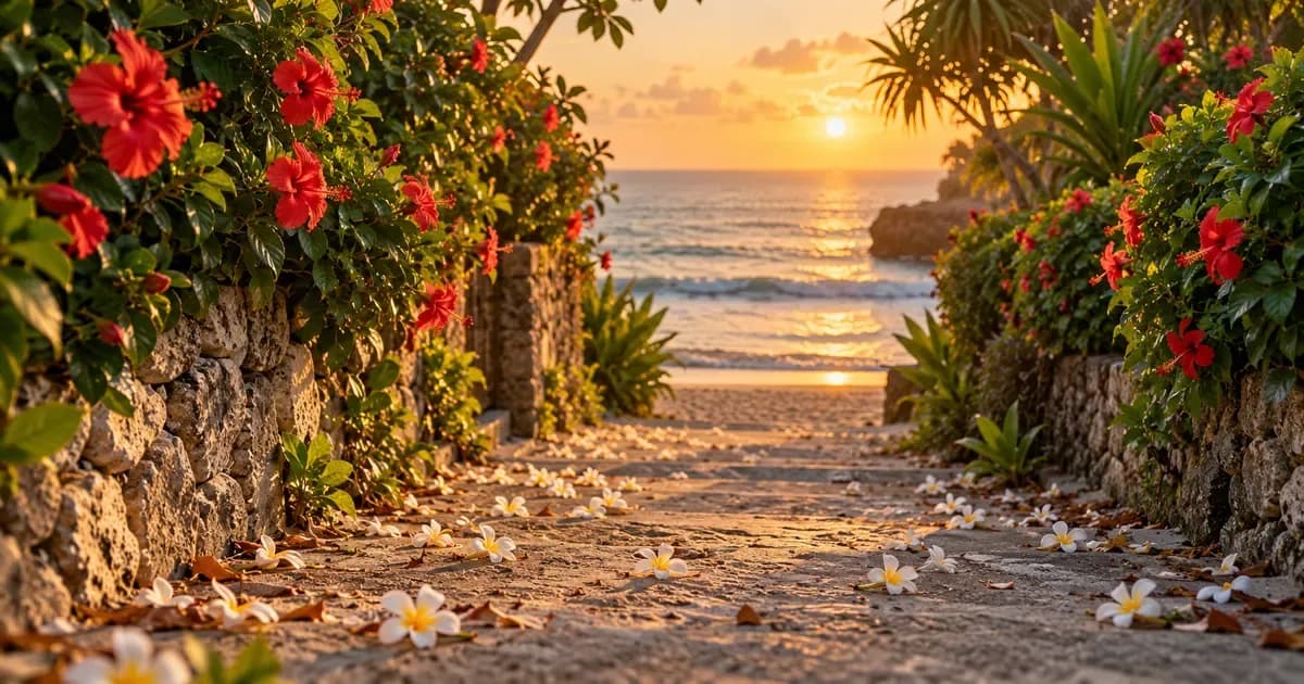 Close detail of a deserted beach access path between two walls of hibiscus hedge in Bali, fallen plumeria petals scattered across the surface, in warm golden-hour light.