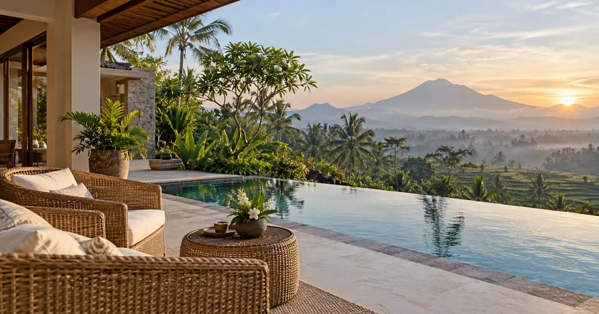A villa terrace of rattan chairs looking over a lap pool in Bali, warm haze softening the far distance, in soft first light after dawn.