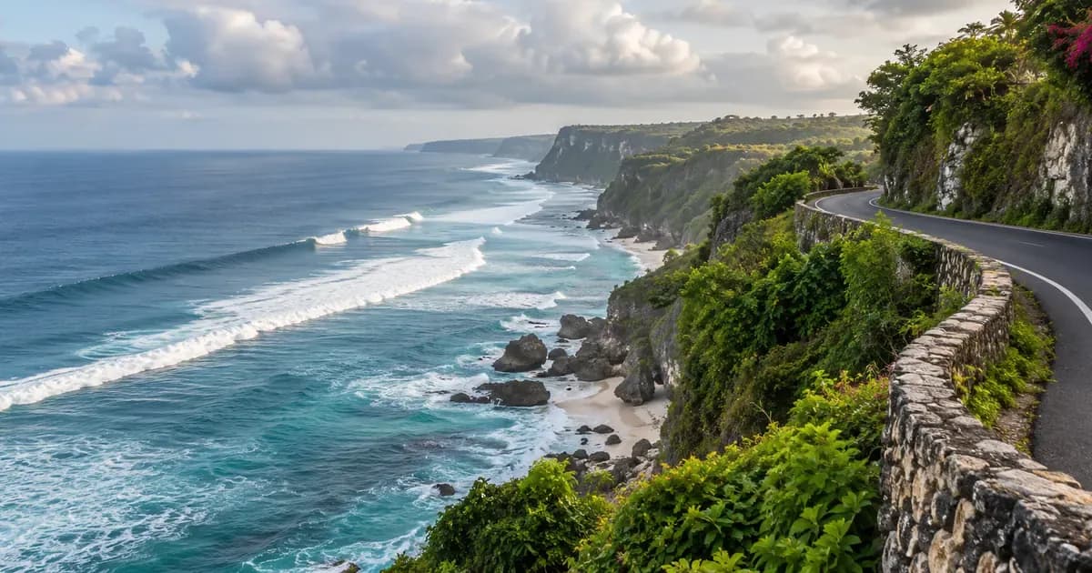 Wide view of a coastal road curving along a cliff above a long reef break in Bali, scattered cumulus cloud overhead, under a soft overcast sky.