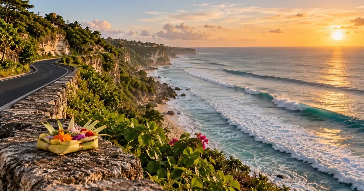 A coastal road curving along a cliff above a long reef break in Bali, a woven palm-leaf offering resting nearby, in low late-afternoon sun.