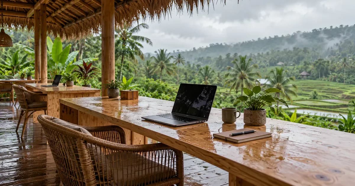 An open-air coworking deck with plywood desks under a thatched roof in Bali, surfaces still wet from a brief tropical rain shower, under a soft overcast sky.