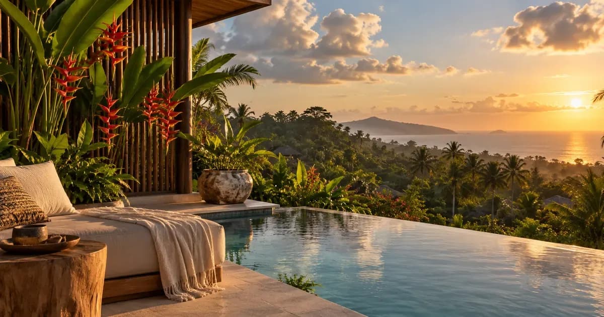 Close detail of a private villa terrace screened by dense heliconia and a timber lattice in Bali, scattered cumulus cloud overhead, in warm golden-hour light.