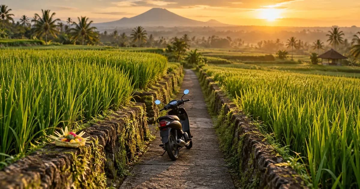 Overhead view of a motorbike-width lane running between two walls of green rice in Bali, a woven palm-leaf offering resting nearby, in warm golden-hour light.