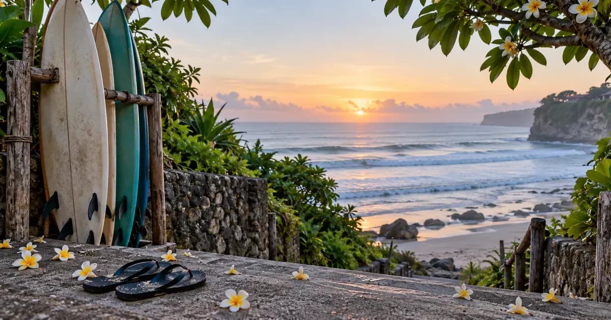 Wide view of a surfboard rack and flip-flops on the steps of a beach-access path in Bali, fallen plumeria petals scattered across the surface, in soft first light after dawn.