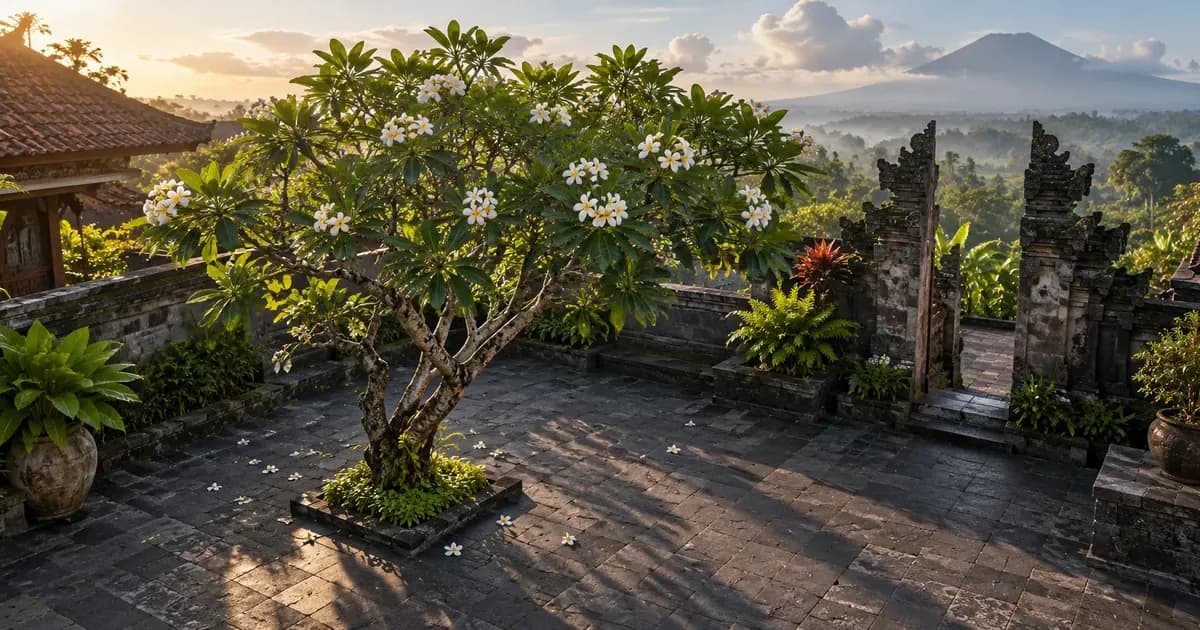 Overhead view of a shaded courtyard of volcanic stone paving with a single frangipani tree in Bali, scattered cumulus cloud overhead, in soft first light after dawn.