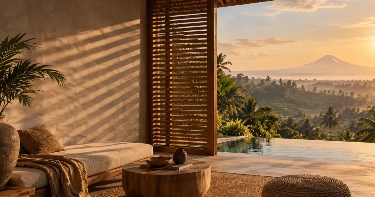 A louvred timber screen casting striped light across a bare plaster wall in Bali, warm haze softening the far distance, in warm golden-hour light.