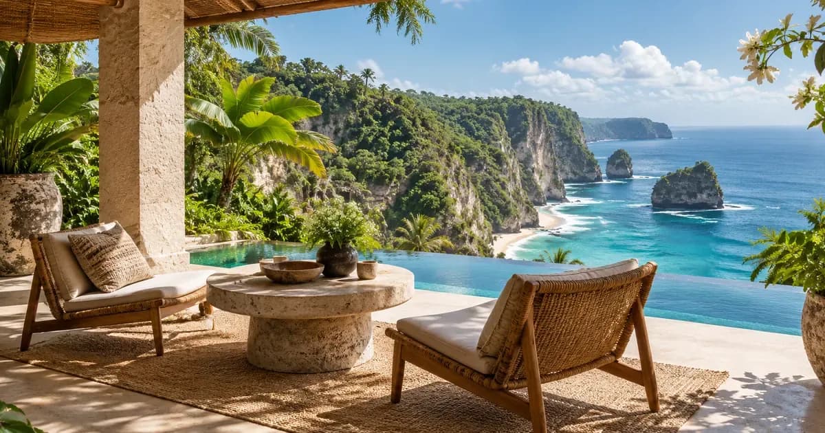 Wide view of a shaded veranda with two low chairs drawn up to a stone table in Bali, a light sea breeze moving the foliage, in bright midday light.