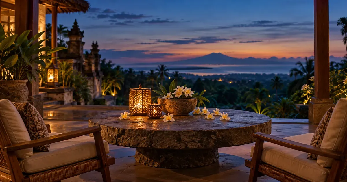 Close detail of a shaded veranda with two low chairs drawn up to a stone table in Bali, fallen plumeria petals scattered across the surface, at blue hour after sunset.
