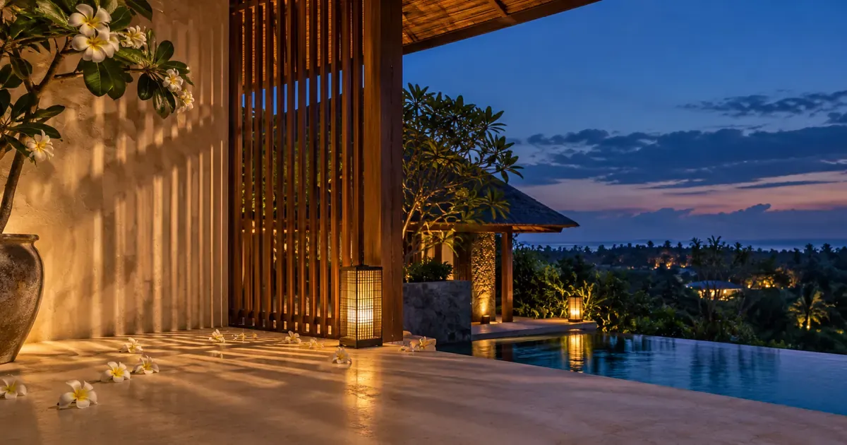 A louvred timber screen casting striped light across a bare plaster wall in Bali, fallen plumeria petals scattered across the surface, at blue hour after sunset.