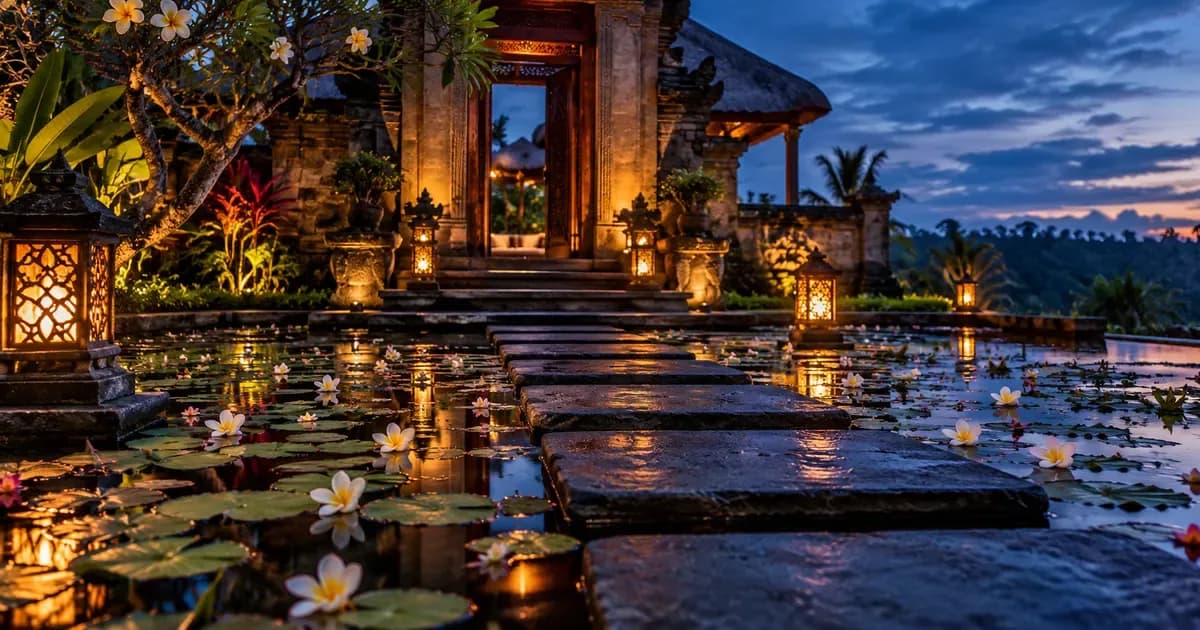 Close detail of an entrance path of stepping stones across a shallow lily pond in Bali, fallen plumeria petals scattered across the surface, at blue hour after sunset.