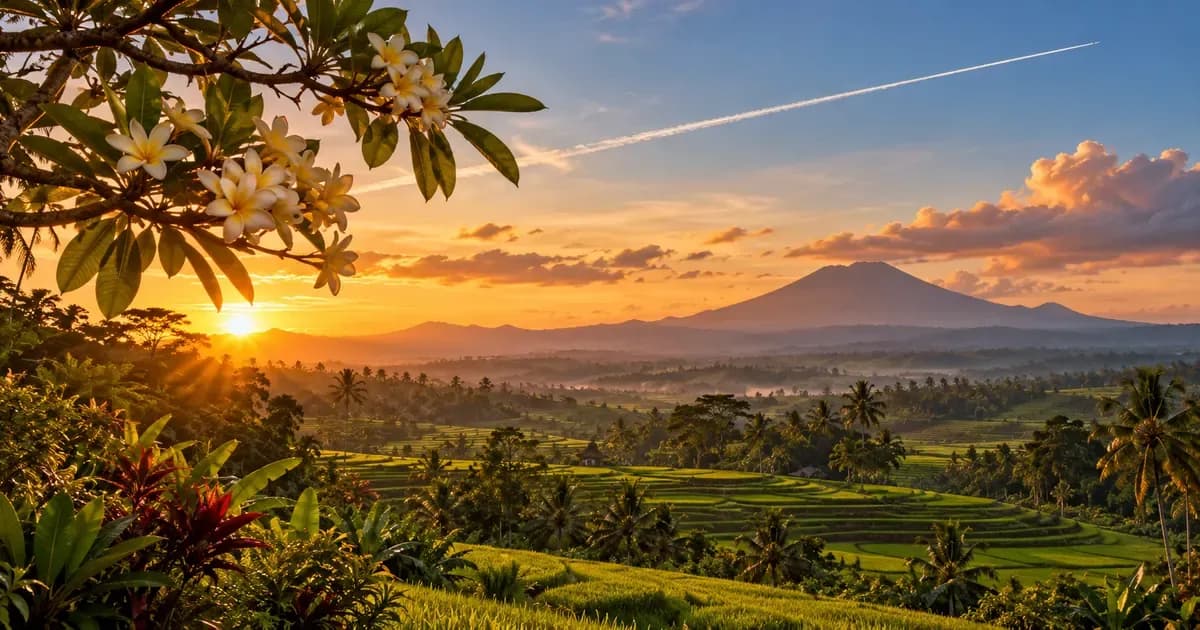 An aircraft contrail crossing a wide tropical sky above a rice valley in Bali, overhanging frangipani branches framing one edge, in warm golden-hour light.