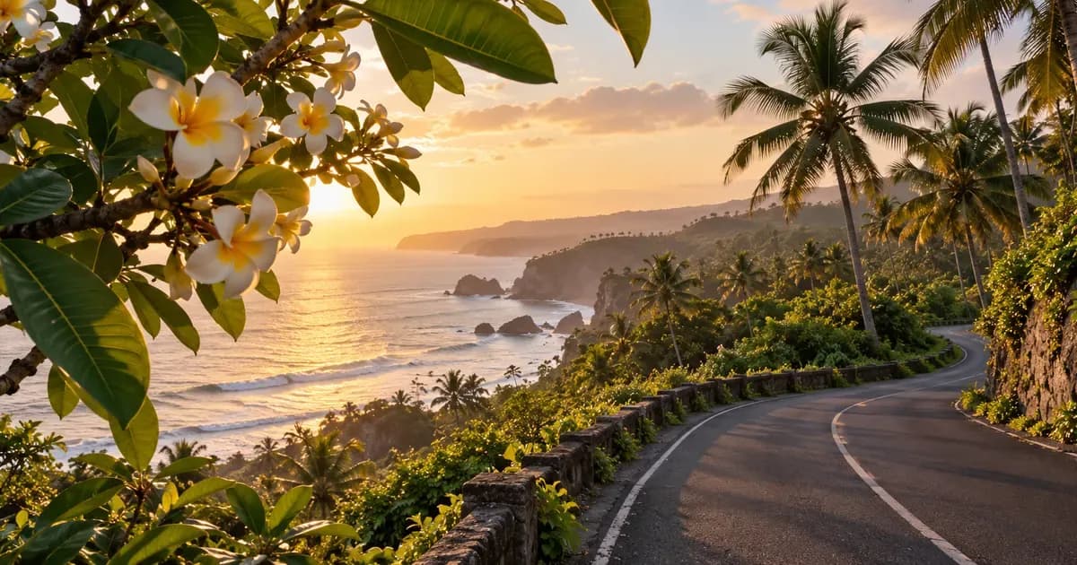 Close detail of a coastal road curving away between palms toward distant headlands in Bali, overhanging frangipani branches framing one edge, in warm golden-hour light.
