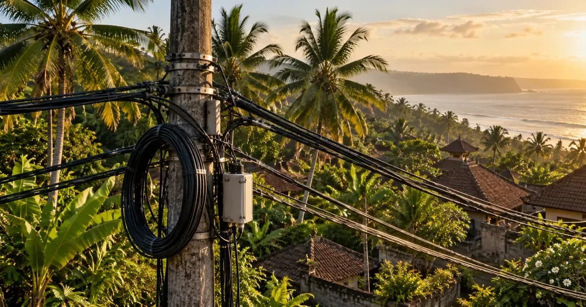 Overhead view of a bundle of fibre cables running along a village utility pole against palms in Bali, a light sea breeze moving the foliage, in low late-afternoon sun.