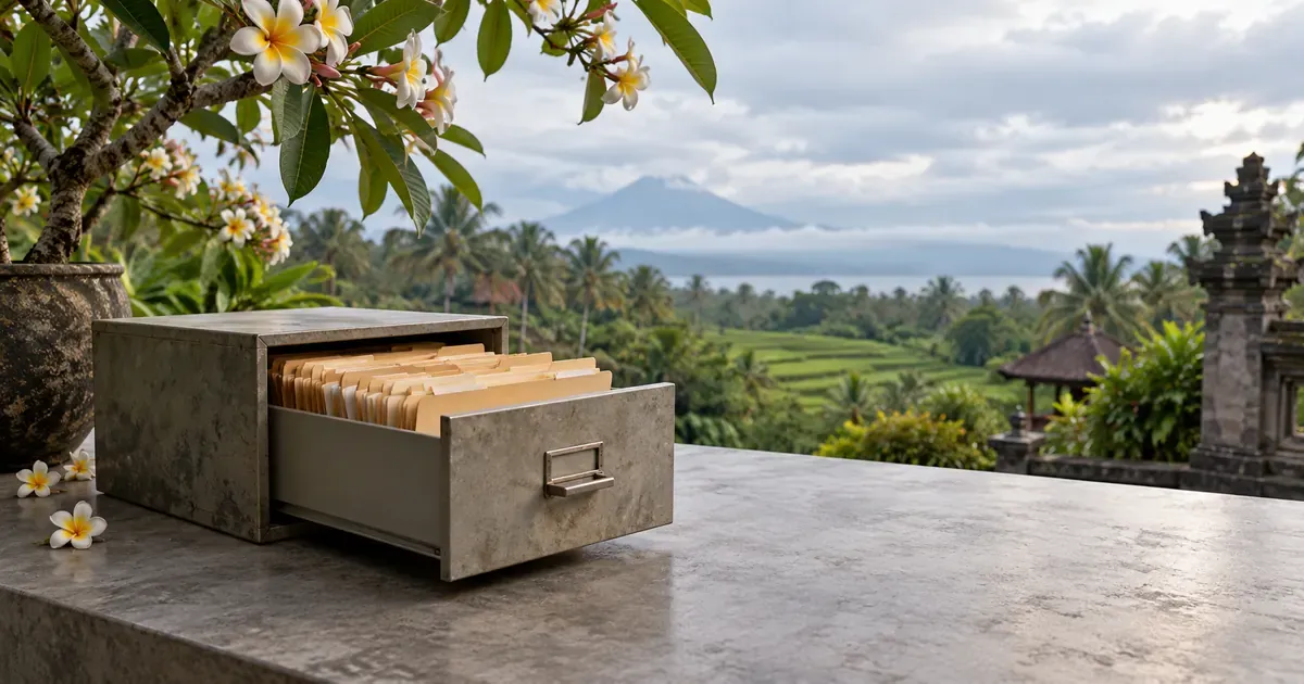 Wide view of a filing drawer of plain manila folders left half open on a concrete desk in Bali, overhanging frangipani branches framing one edge, under a soft overcast sky.