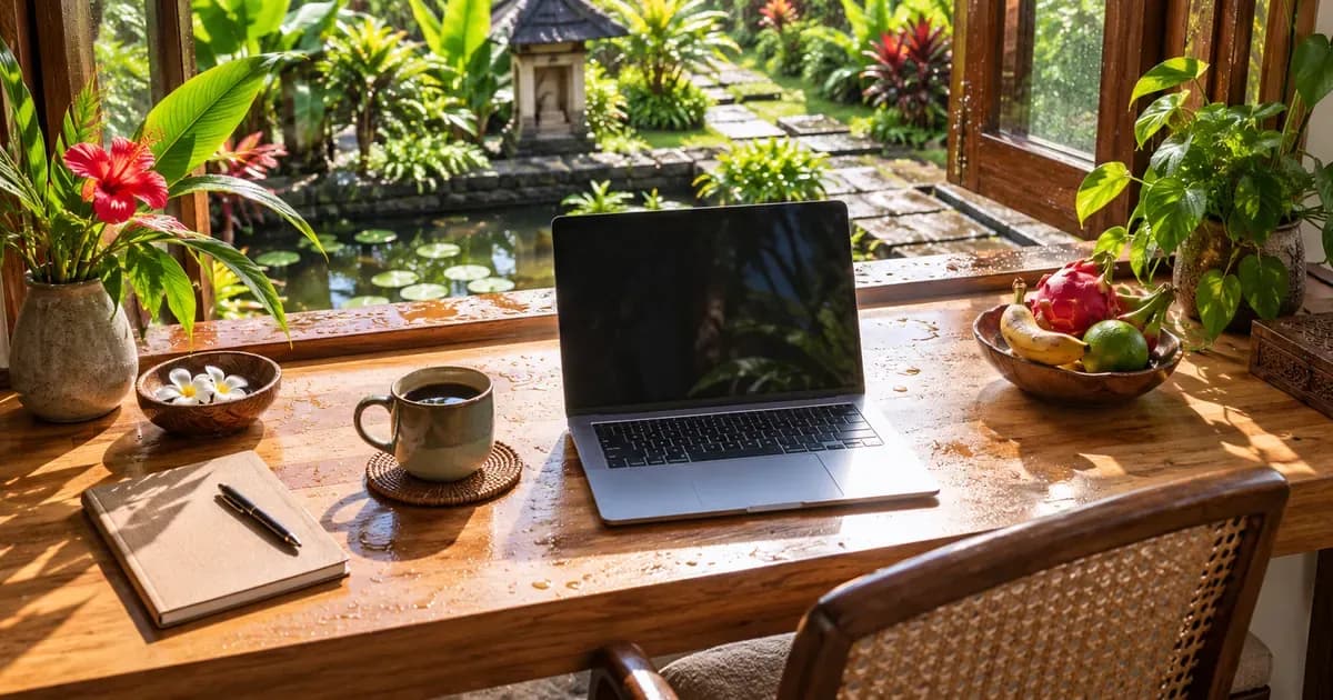 Overhead view of a tidy home-office desk of pale teak beside an open window onto a Bali garden, surfaces still wet from a brief tropical rain shower, in bright midday light.