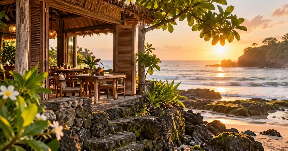 Close detail of a quiet beachfront warung with timber shutters folded open to the sea in Bali, weathered volcanic stone and moss in the foreground, in warm golden-hour light.