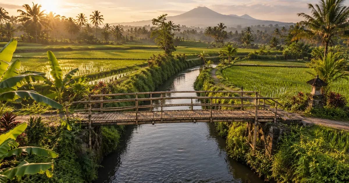 Overhead view of a bamboo footbridge crossing an irrigation channel between paddies in Bali, warm haze softening the far distance, in low late-afternoon sun.