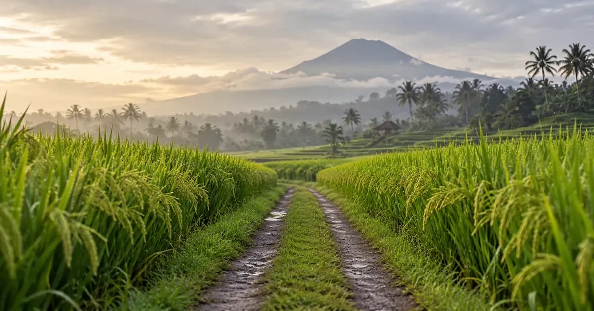 Low-angle view of a motorbike-width lane running between two walls of green rice in Bali, warm haze softening the far distance, under a soft overcast sky.
