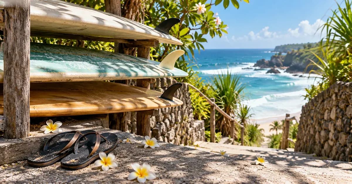 Close detail of a surfboard rack and flip-flops on the steps of a beach-access path in Bali, fallen plumeria petals scattered across the surface, in bright midday light.