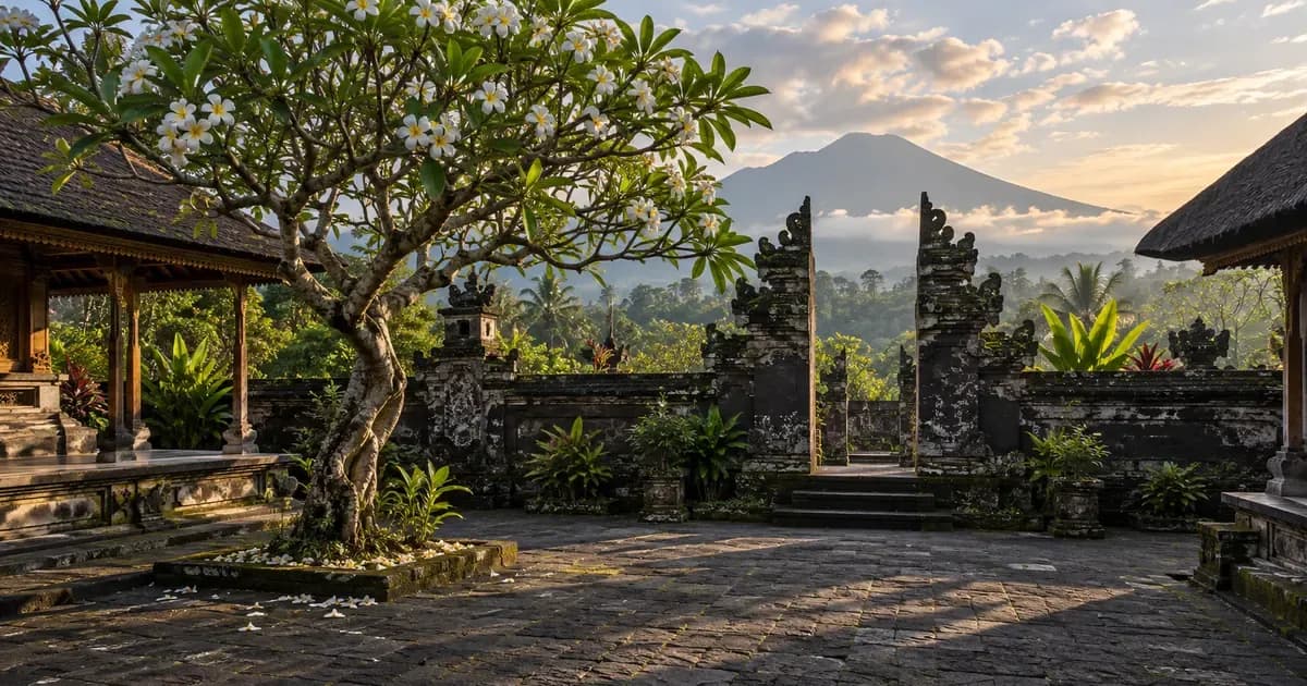 A shaded courtyard of volcanic stone paving with a single frangipani tree in Bali, scattered cumulus cloud overhead, in soft first light after dawn.