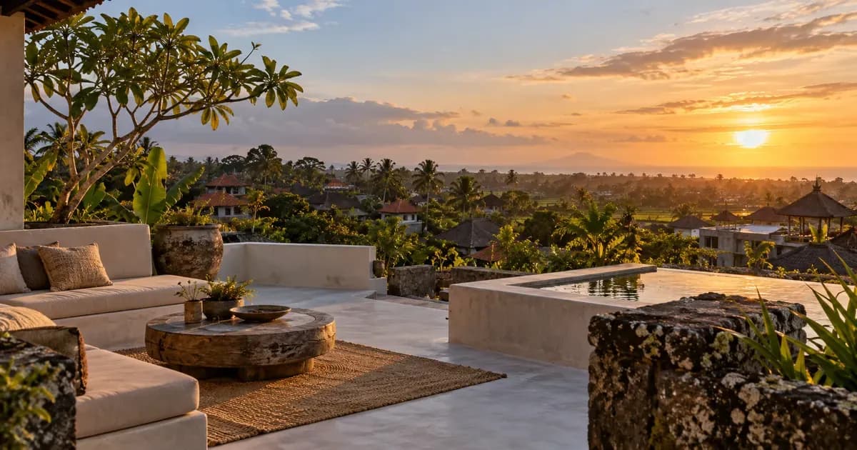Wide view of a rooftop terrace of smooth render overlooking a low Canggu skyline in Bali, weathered volcanic stone and moss in the foreground, in low late-afternoon sun.