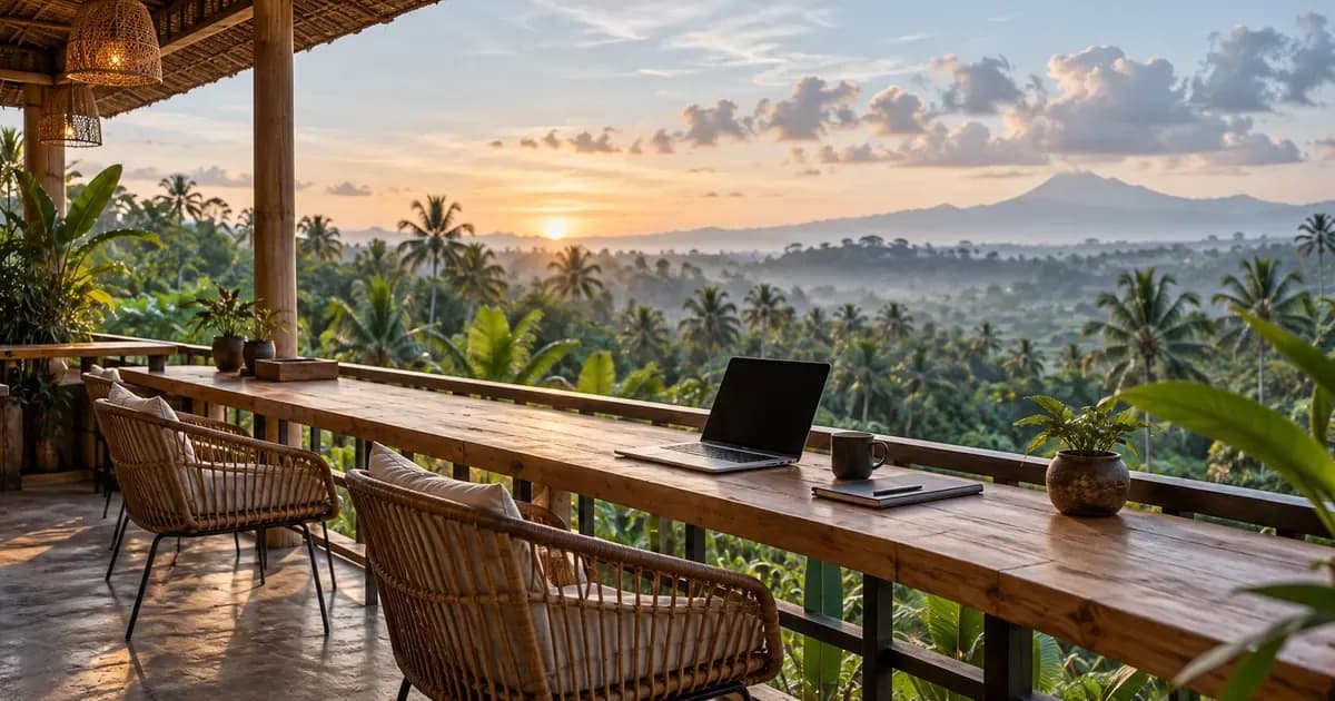 Close detail of a coworking balcony of plywood desks overlooking a palm canopy in Bali, scattered cumulus cloud overhead, in soft first light after dawn.