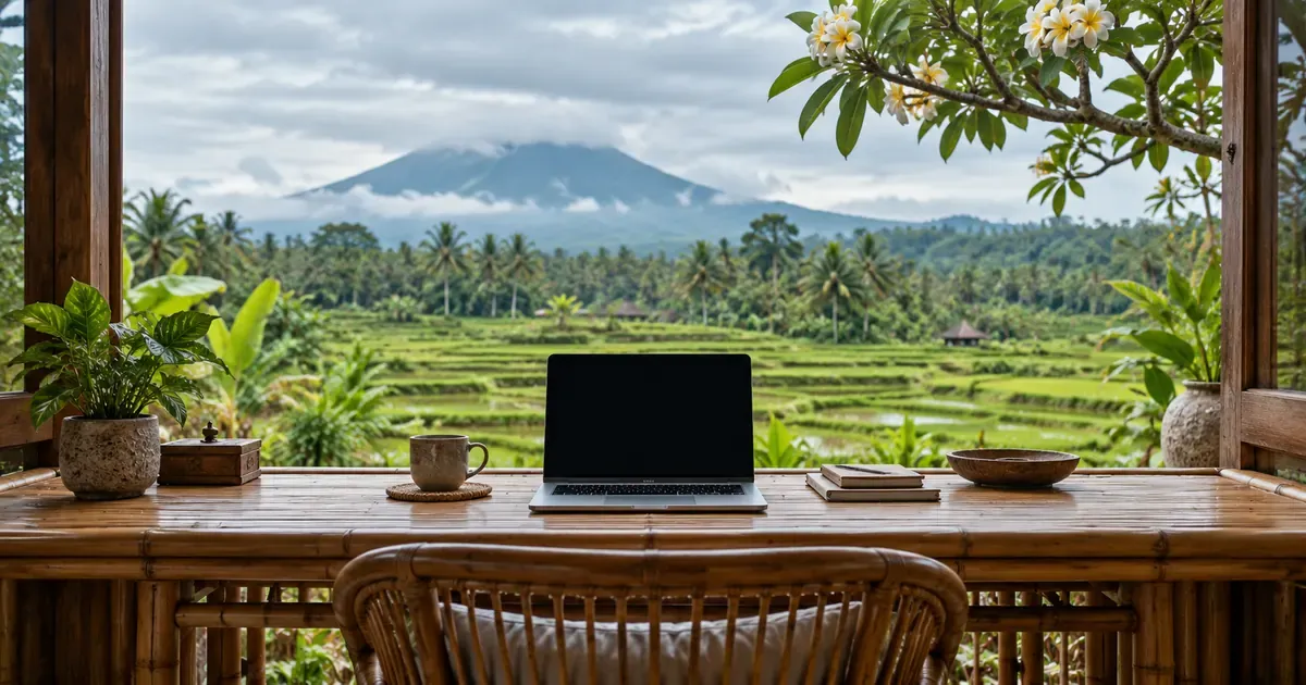 Wide view of a laptop on a bamboo desk facing an open window onto rice fields in Bali, overhanging frangipani branches framing one edge, under a soft overcast sky.