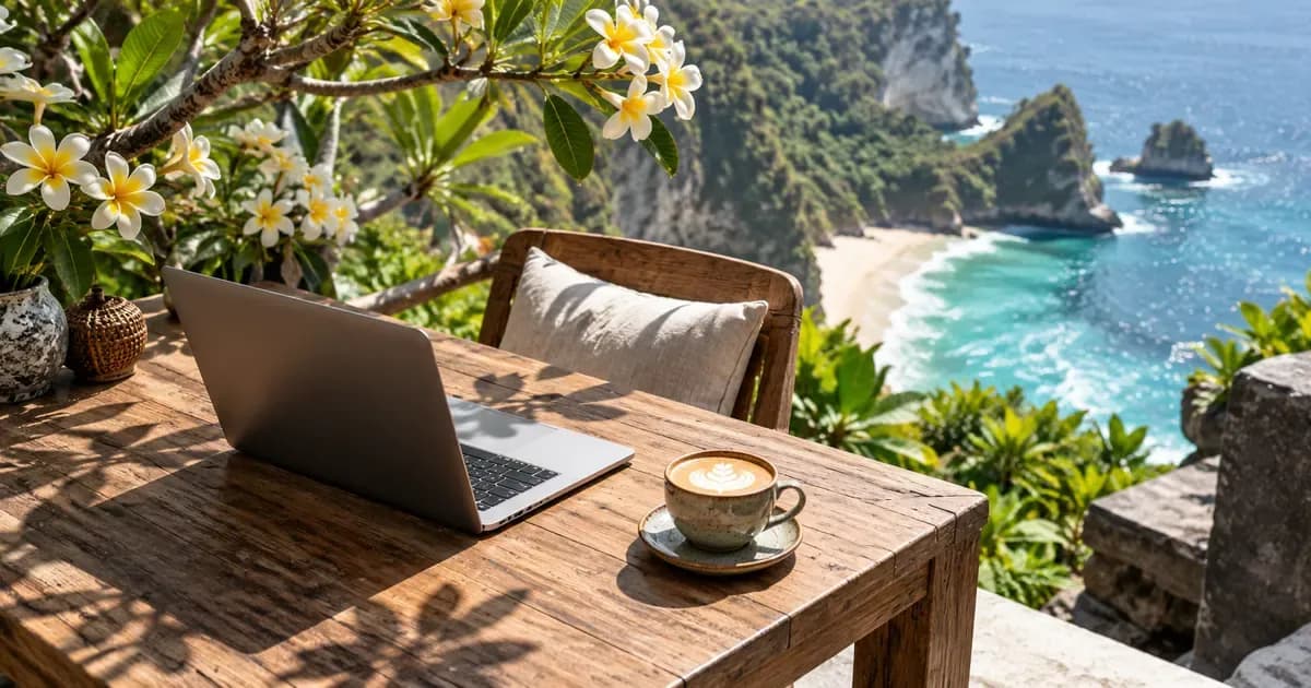 Overhead view of a cafe corner table of reclaimed teak with a laptop and a ceramic cup in Bali, overhanging frangipani branches framing one edge, in bright midday light.