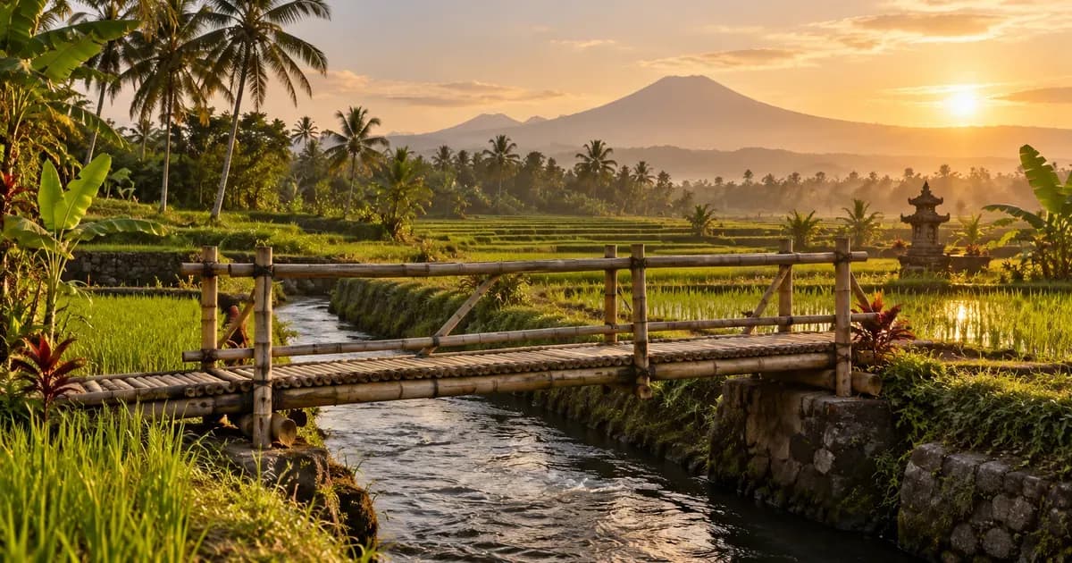 A bamboo footbridge crossing an irrigation channel between paddies in Bali, warm haze softening the far distance, in low late-afternoon sun.