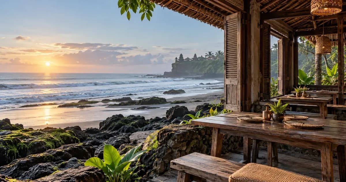 A quiet beachfront warung with timber shutters folded open to the sea in Bali, weathered volcanic stone and moss in the foreground, in soft first light after dawn.