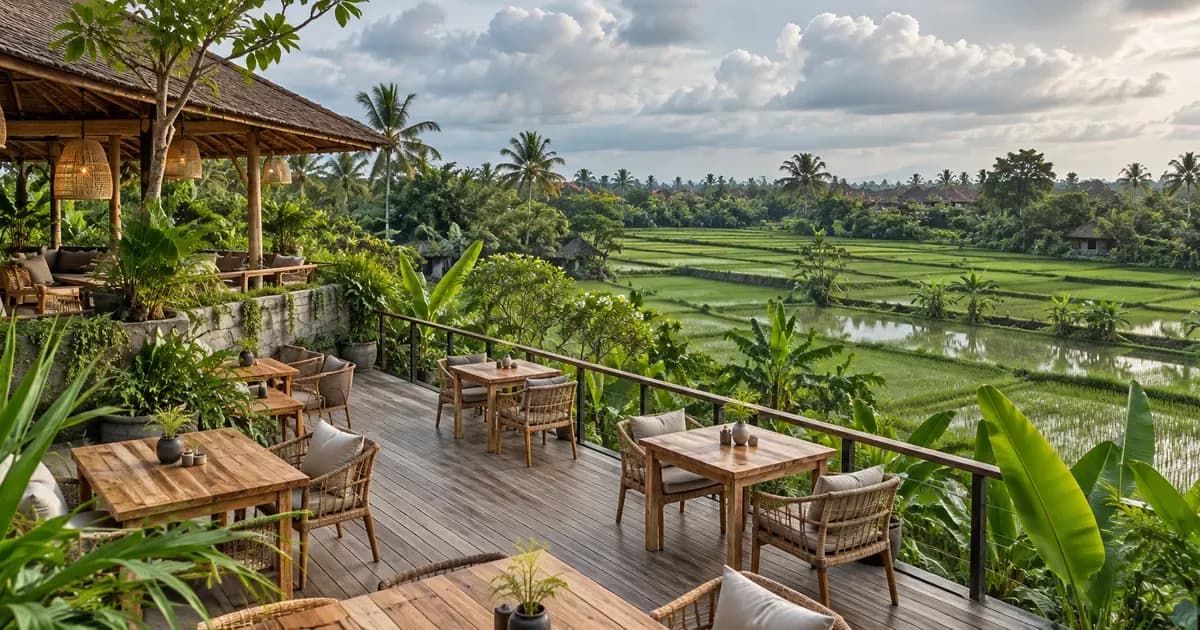 Overhead view of a Canggu cafe terrace of reclaimed teak tables opening onto a rice field in Bali, scattered cumulus cloud overhead, under a soft overcast sky.