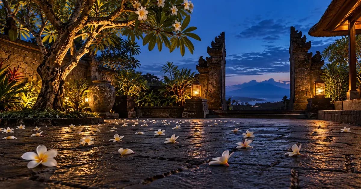 Low-angle view of a shaded courtyard of volcanic stone paving with a single frangipani tree in Bali, fallen plumeria petals scattered across the surface, at blue hour after sunset.
