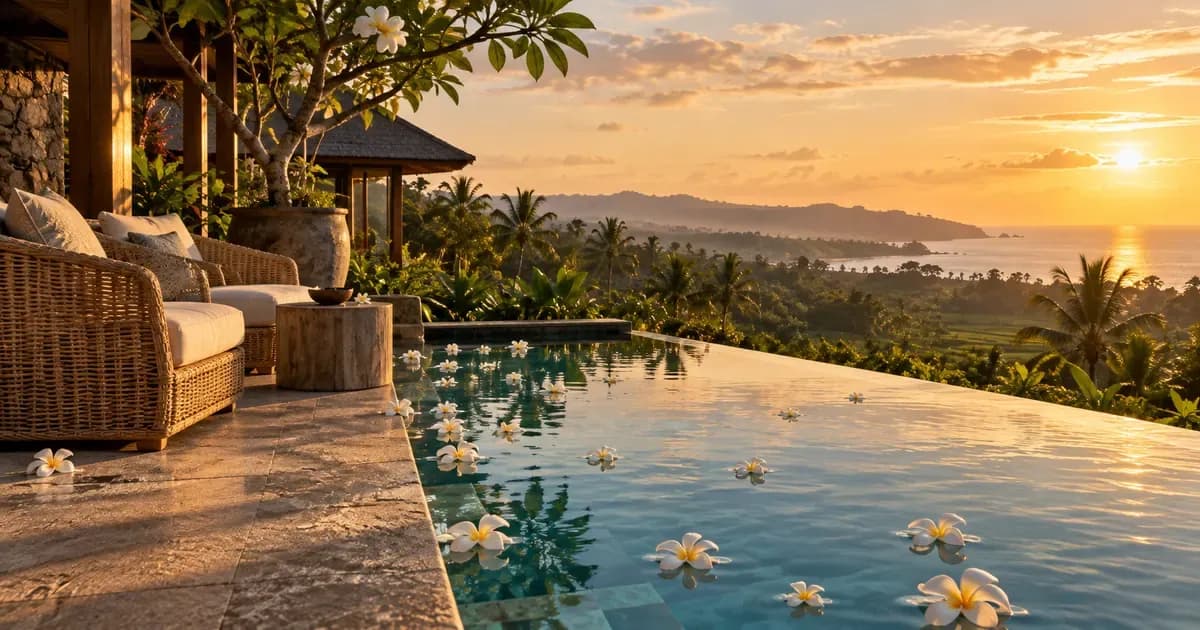 Close detail of a villa terrace of rattan chairs looking over a lap pool in Bali, fallen plumeria petals scattered across the surface, in low late-afternoon sun.
