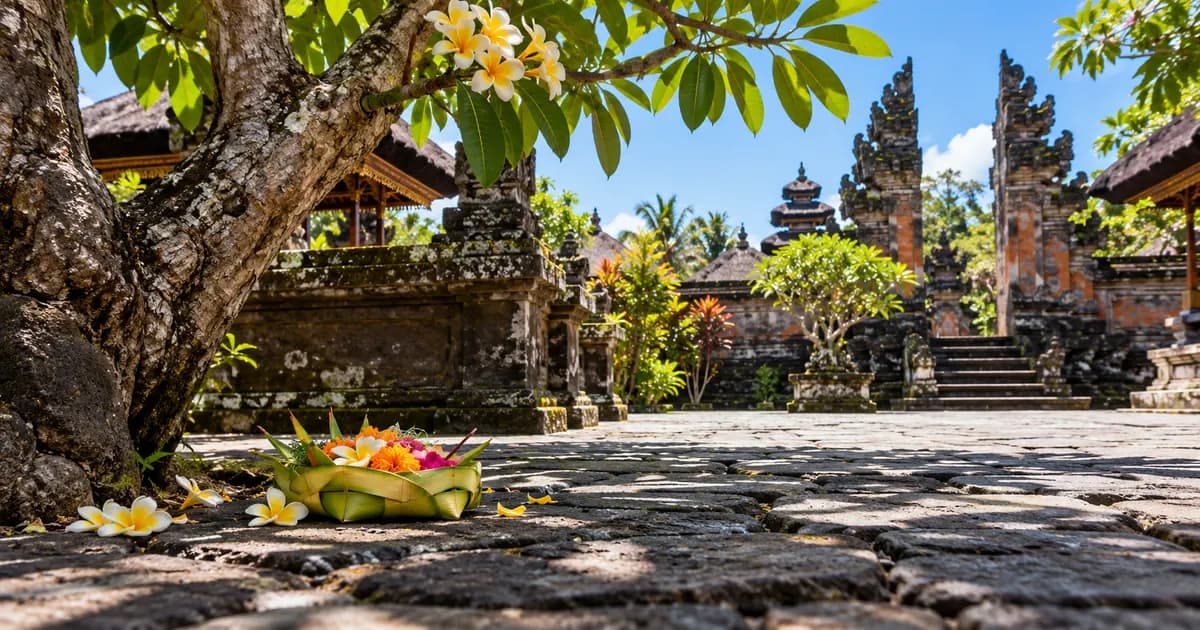 Low-angle view of a shaded courtyard of volcanic stone paving with a frangipani tree in Bali, a woven palm-leaf offering resting nearby, in bright midday light.