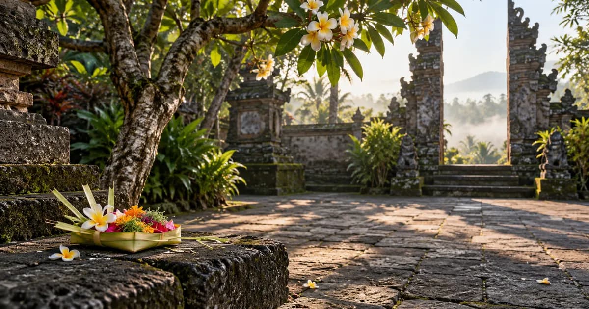 A shaded courtyard of volcanic stone paving with a frangipani tree in Bali, a woven palm-leaf offering resting nearby, in soft first light after dawn.